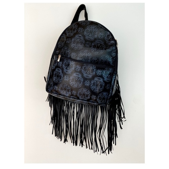 Italian Larettamia black leather and suede backpack with skull and flower motif main image 7